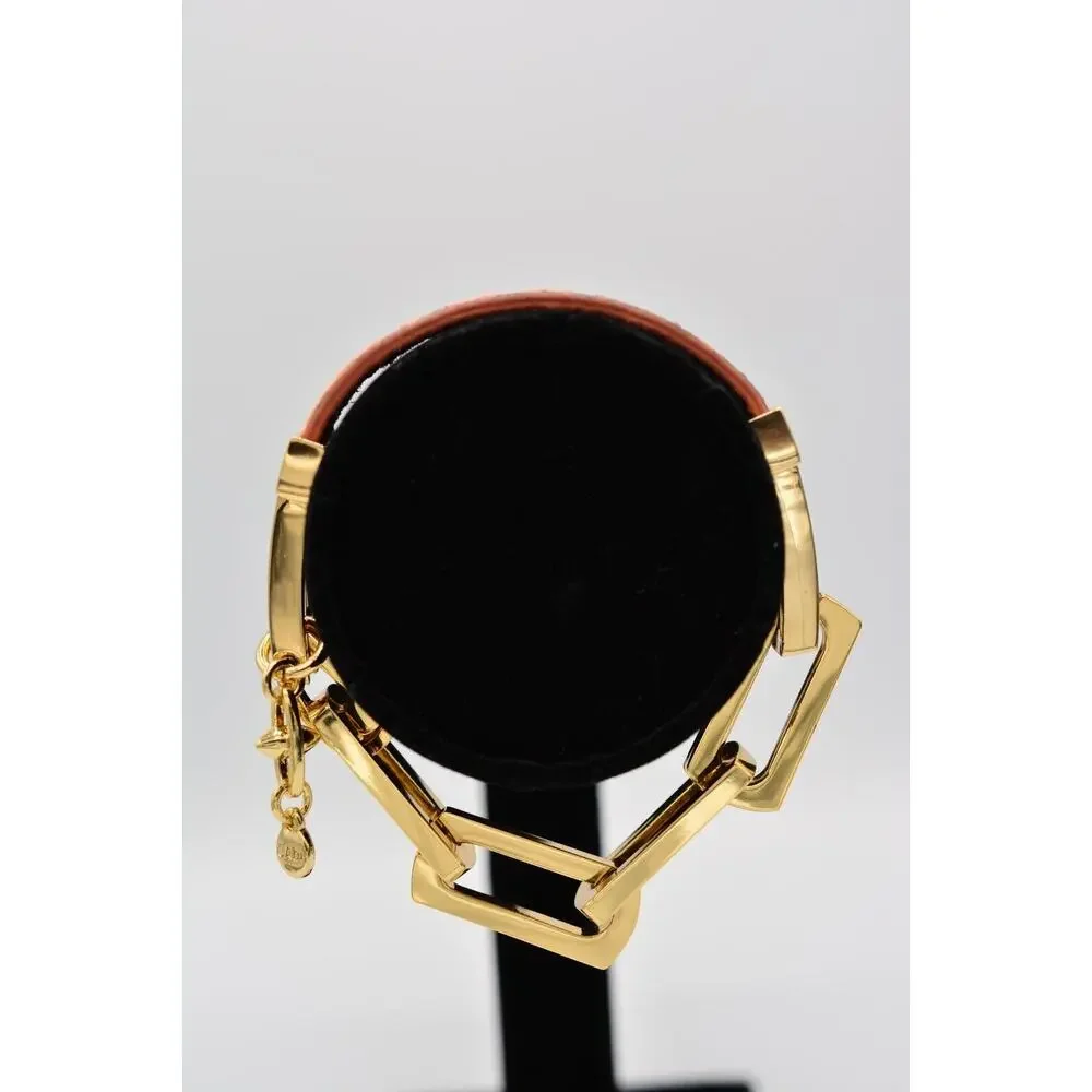 Cabi Vintage ID Bracelet Gold Tone Chain Orange Reptile Metallic Signed Bin2